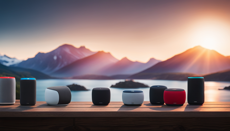 An image that showcases five different smart speakers, each highlighting different factors to consider when purchasing, such as sound quality, connectivity, voice control, design, and price