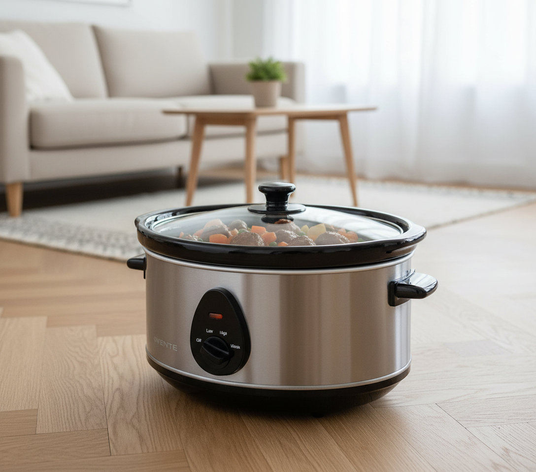 OVENTE 3.7 Qt. Stainless Steel Electric Slow Cooker with Heat-Tempered Glass Lid slo35abr